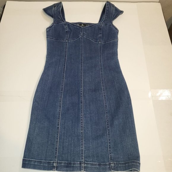Women's Volcom Denim Jean Mini Dress Sweetheart Neck Cap Sleeve Size XS - Picture 4 of 8